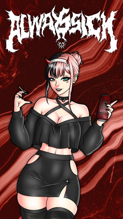 goth anime sticker of zero two in a black goth dress and skirt, phone wallpaper