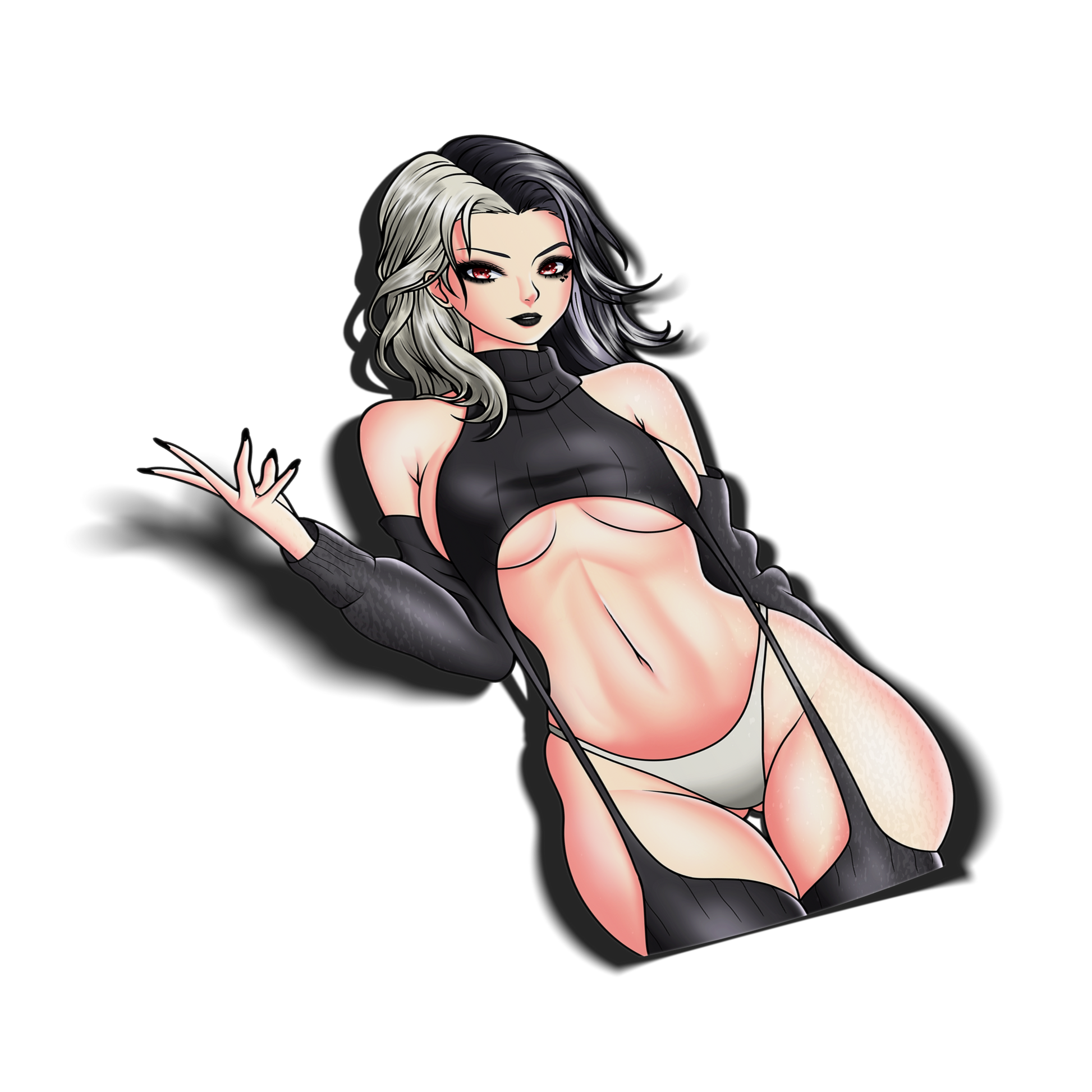 anime sticker of rosanna from nikke in sexy black virgin killer sweater, transparent