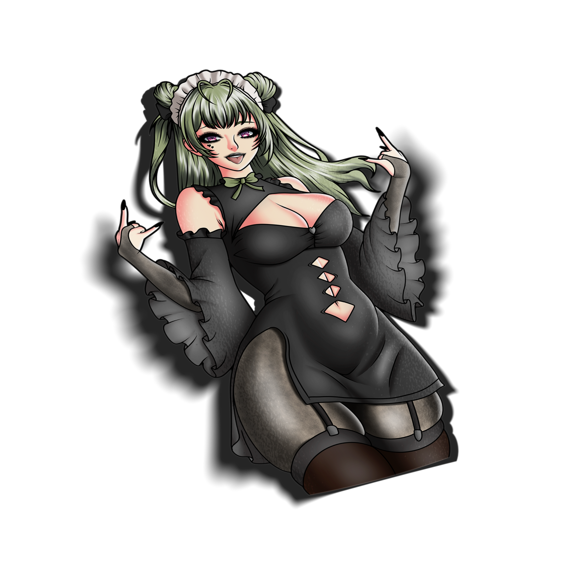 anime sticker of soda from nikke in goth black dress outfit, transparent