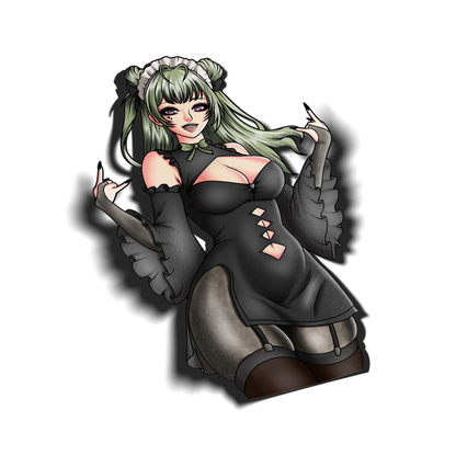 anime sticker of soda from nikke in goth black dress outfit, transparent