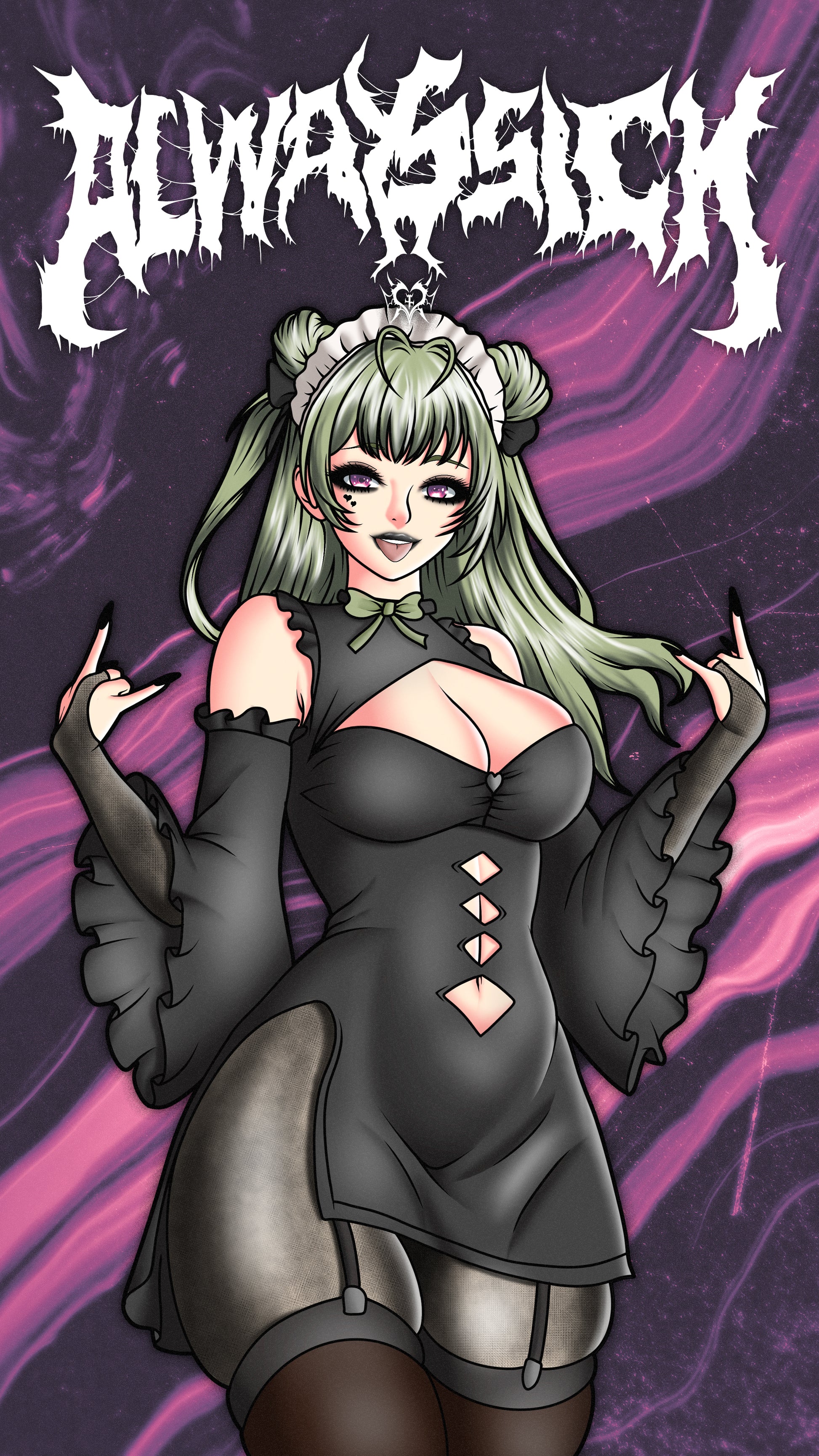 anime sticker of soda from nikke in goth black dress outfit, phone wallpaper