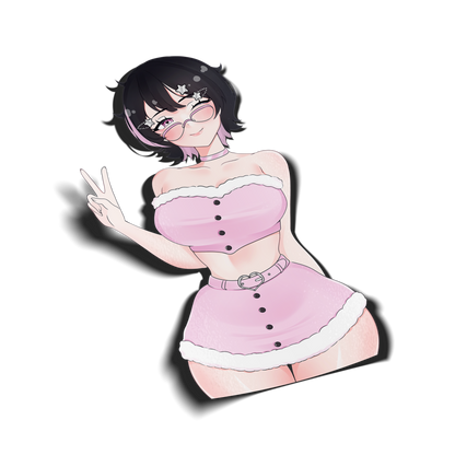 kawaii cute anime sticker of original character noushi from always sick collaboration with happy ami in pink fluffy top and skirt, transparent