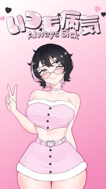 kawaii cute anime sticker of original character noushi from always sick collaboration with happy ami in pink fluffy top and skirt. phone wallpaper