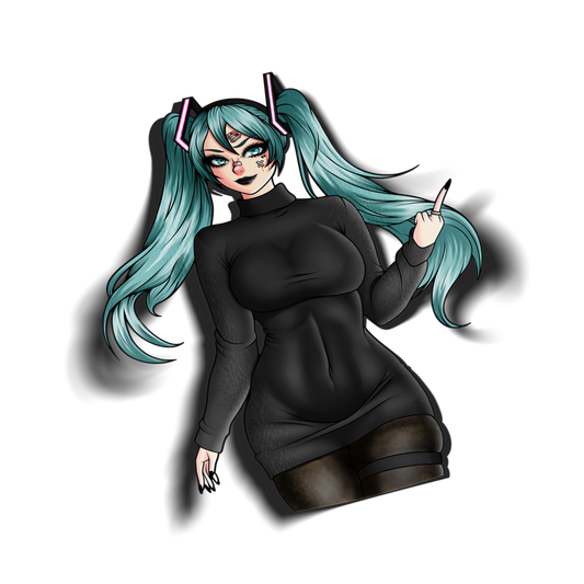 goth anime sticker of vocaloid hatsune miku in sexy black goth turtleneck dress, transparent