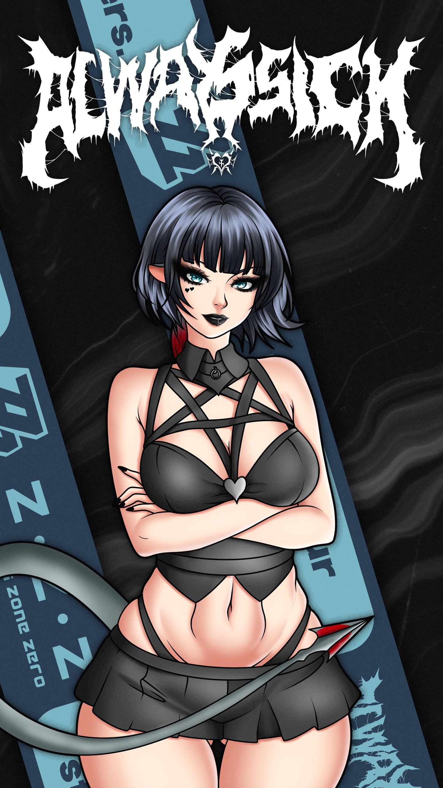 goth anime sticker of rat girl jane doe from zenless zone zero in black top and skirt, phone wallpaper