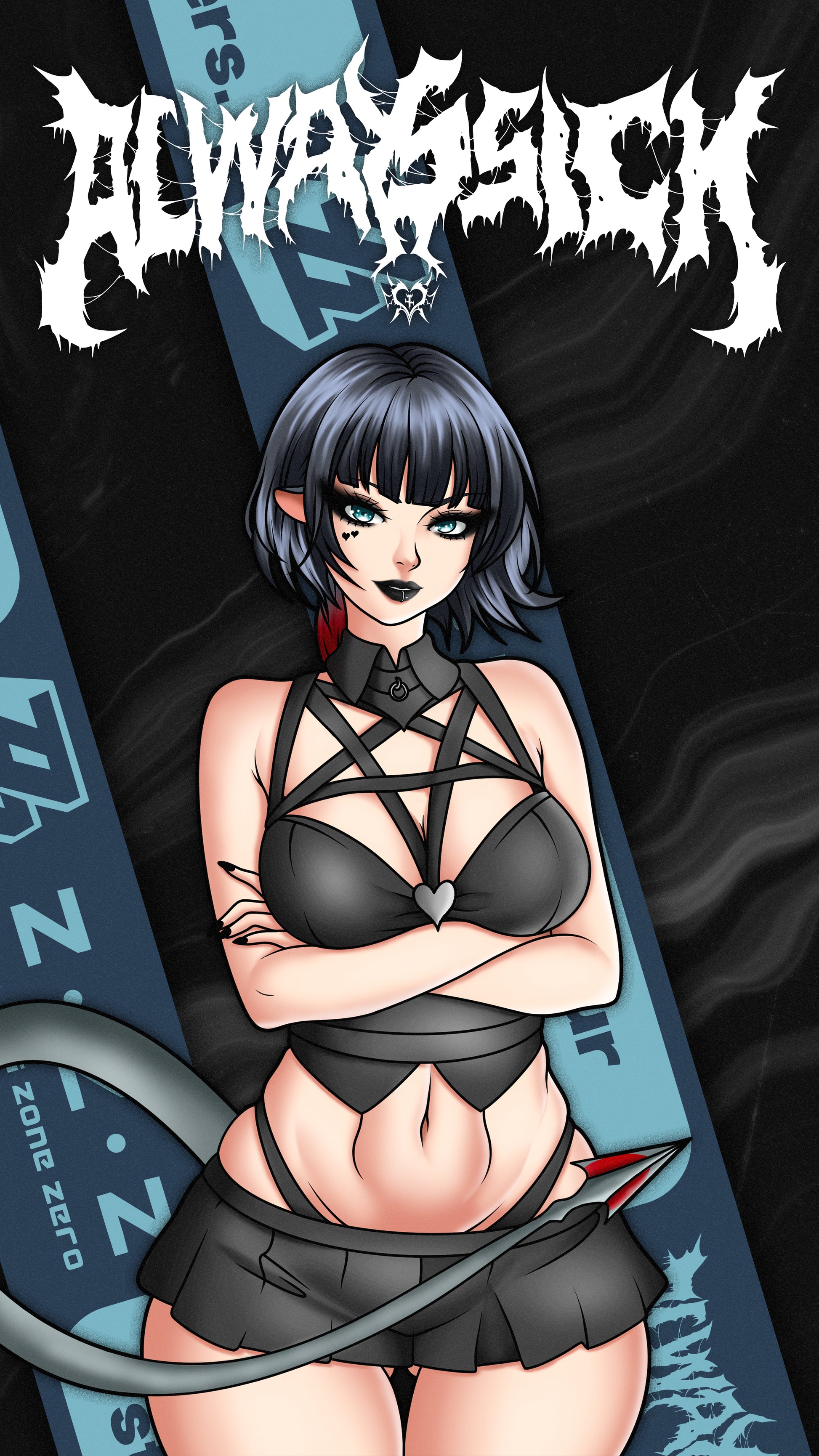 goth anime sticker of rat girl jane doe from zenless zone zero in black top and skirt, phone wallpaper