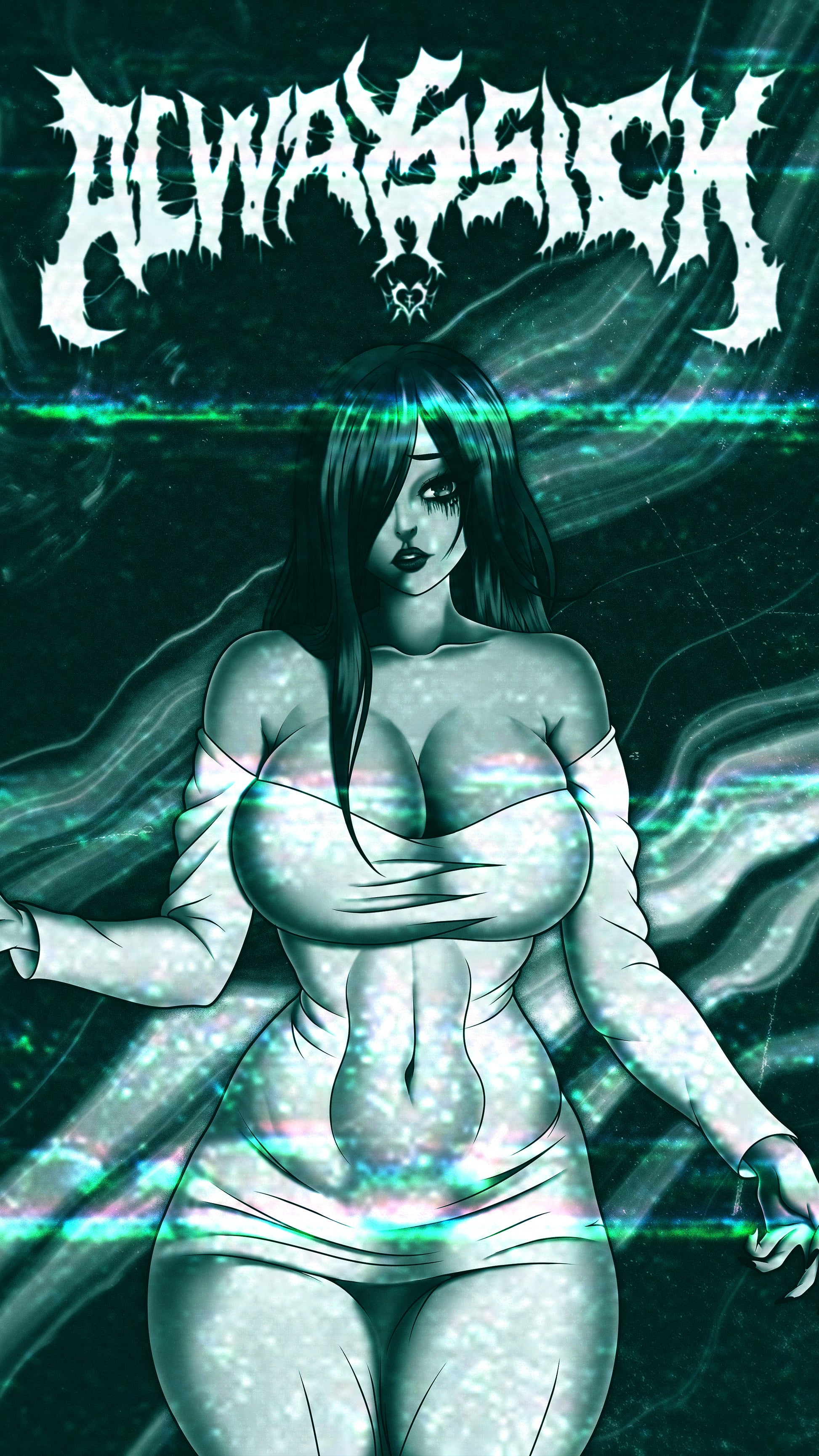 anime sticker of sadako yamamura from the ring in a ghostly white dress, phone wallpaper