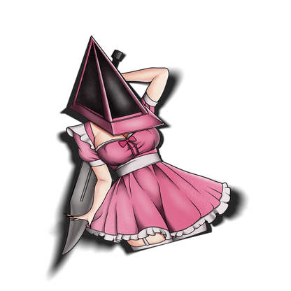 anime sticker of a female pyramid head from silent hill in cute pink maid outfit, transparent