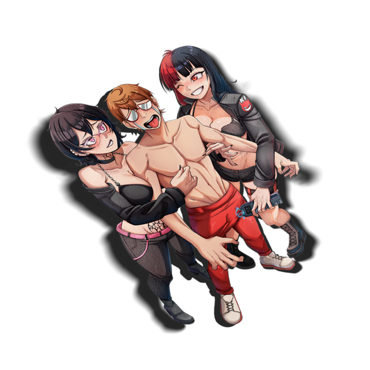 anime sticker of original characters noushi from always sick and gwen from kiloxco tasing a guys balls in goth outfits, transparent