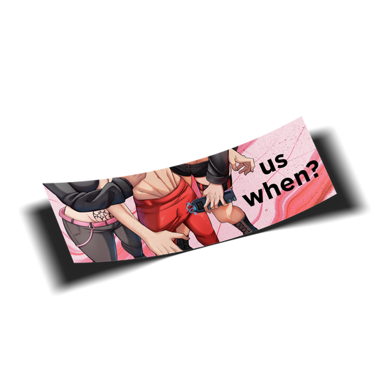 anime bumper sticker of original characters noushi from always sick and gwen from kiloxco tasing a guys balls in goth outfits that says us when, transparent