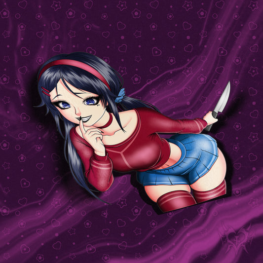 anime sticker of mita from miside holding a knife