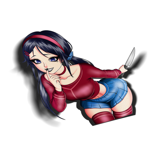 anime sticker of mita from miside holding a knife, transparent