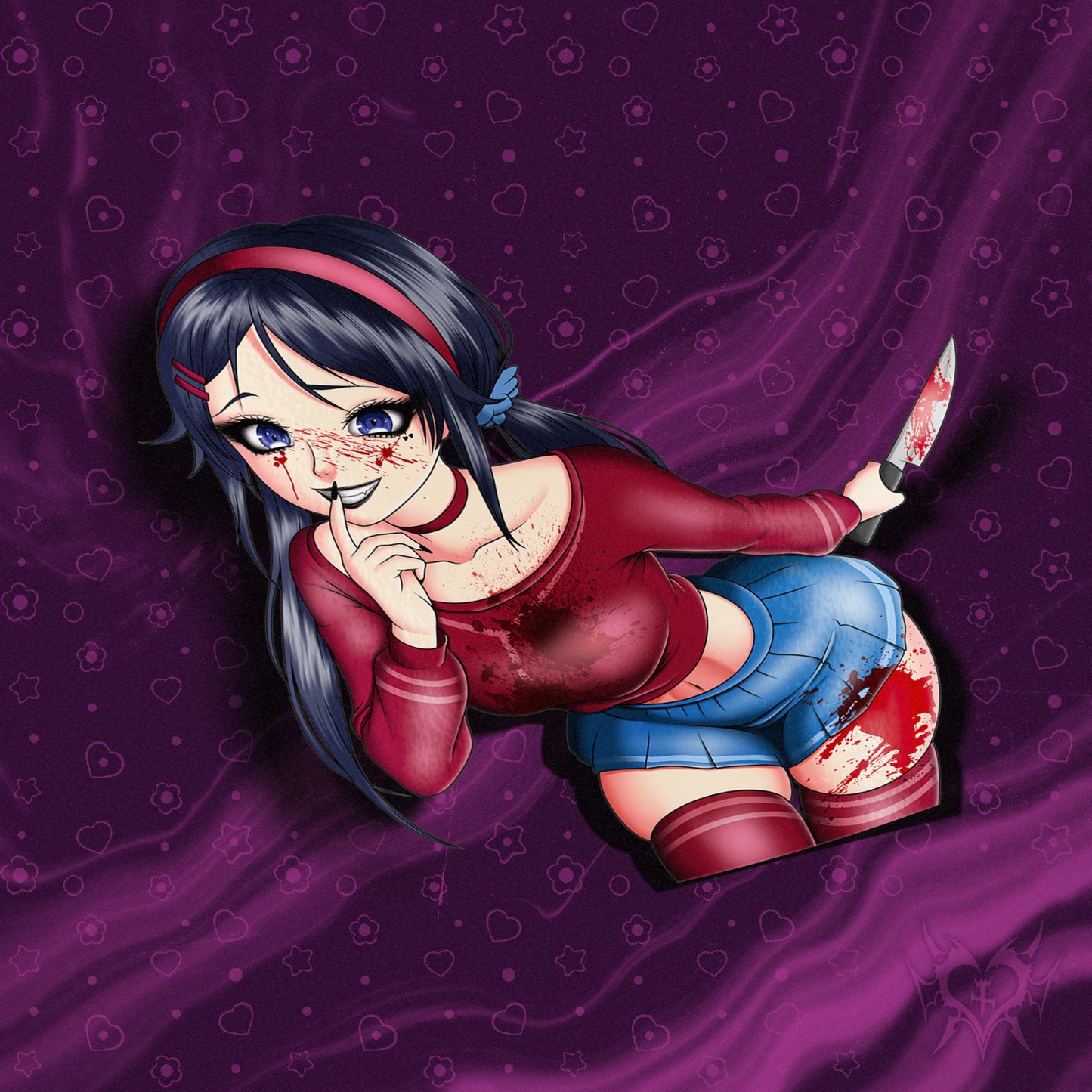anime sticker of mita from miside holding a knife covered in blood