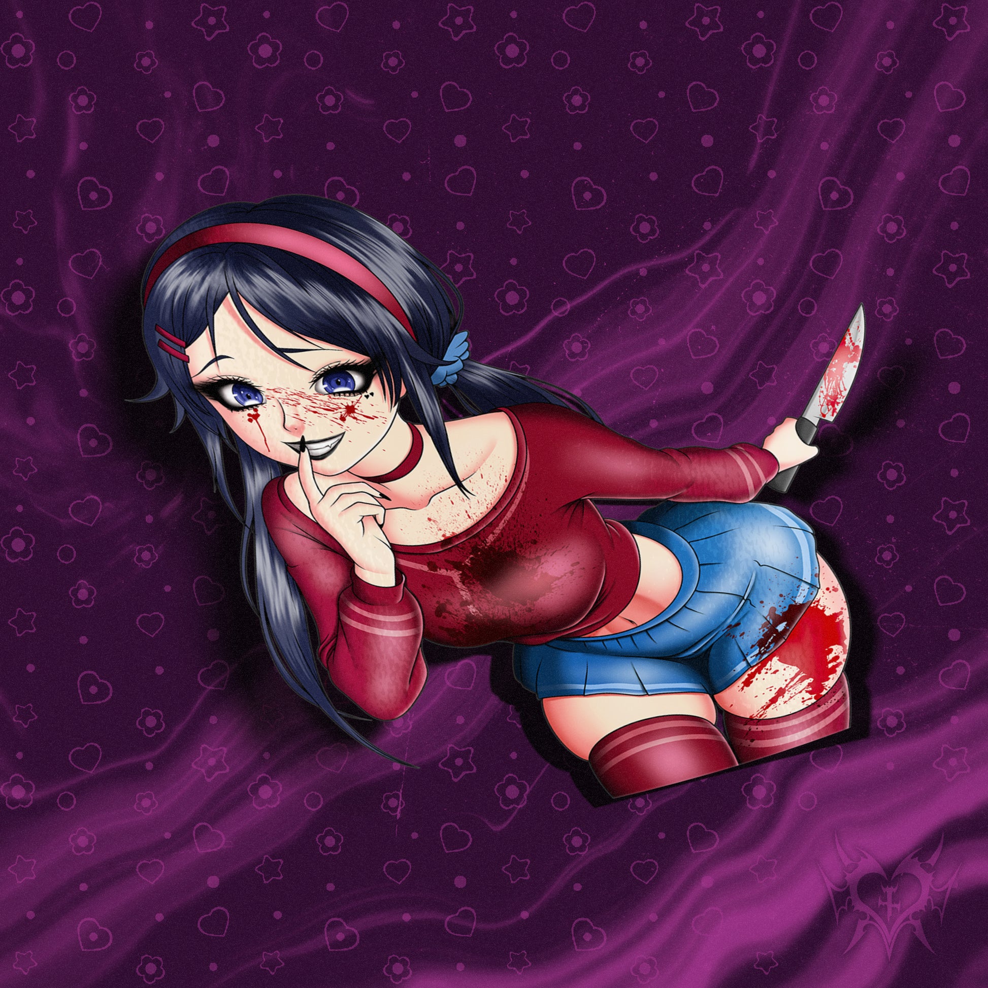 anime sticker of mita from miside holding a knife covered in blood