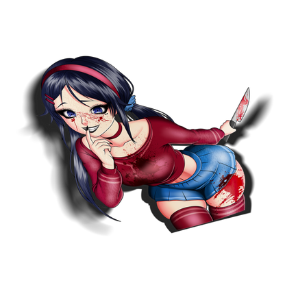 anime sticker of mita from miside holding a knife covered in blood, transparent