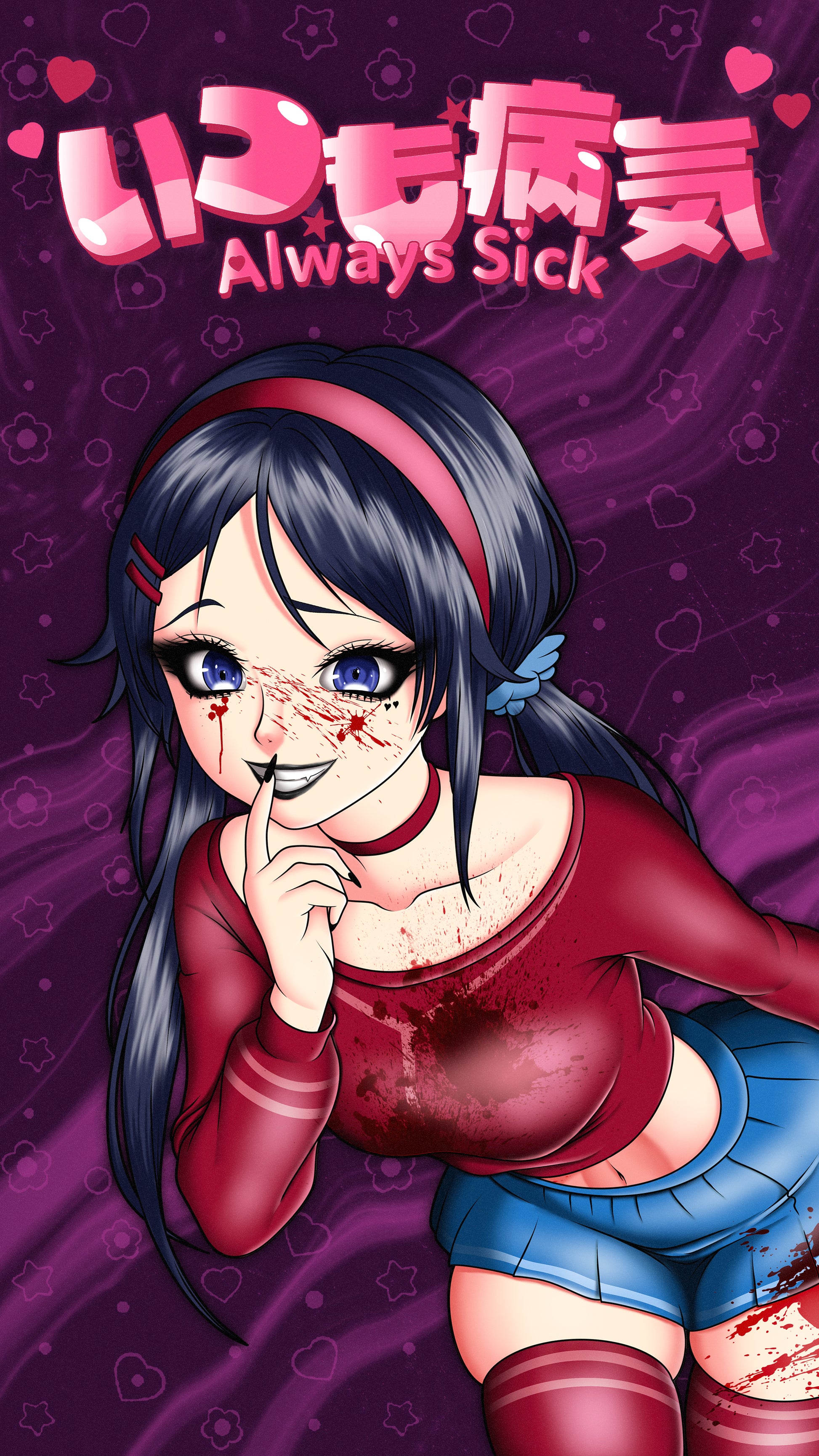 anime sticker of mita from miside holding a knife covered in blood, phone wallpaper