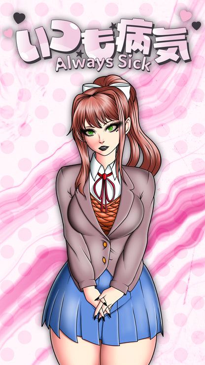 anime sticker of monika from doki doki literature club, phone wallpaper