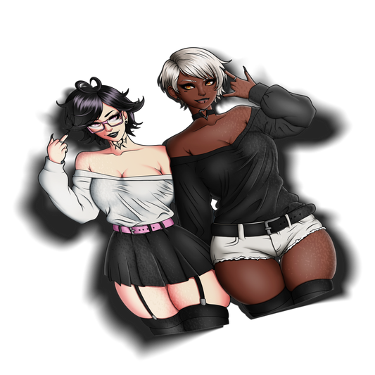 anime stickers of original characters noushi and chihime from always sick posing in goth outfits, transparent