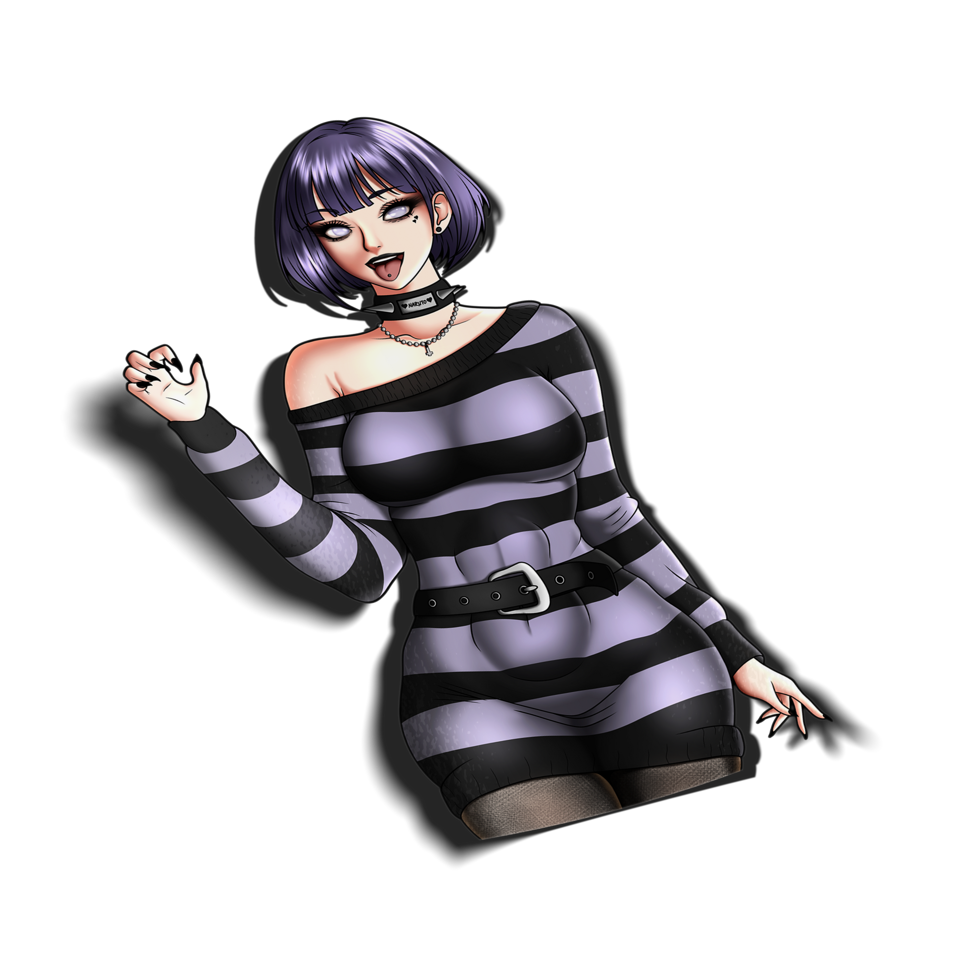 goth anime sticker of hinata from naruto in a striped goth outfit, transparent