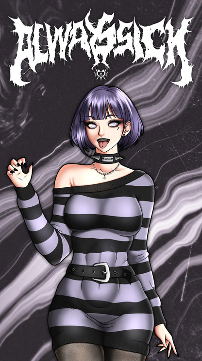 goth anime sticker of wallpaper of hinata from naruto in a striped goth outfit