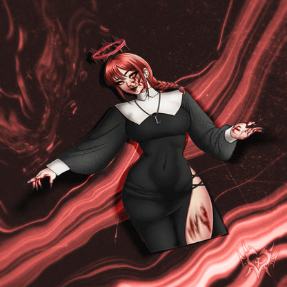 anime sticker of a bloodied makima from chainsaw man csm wearing a nun outfit