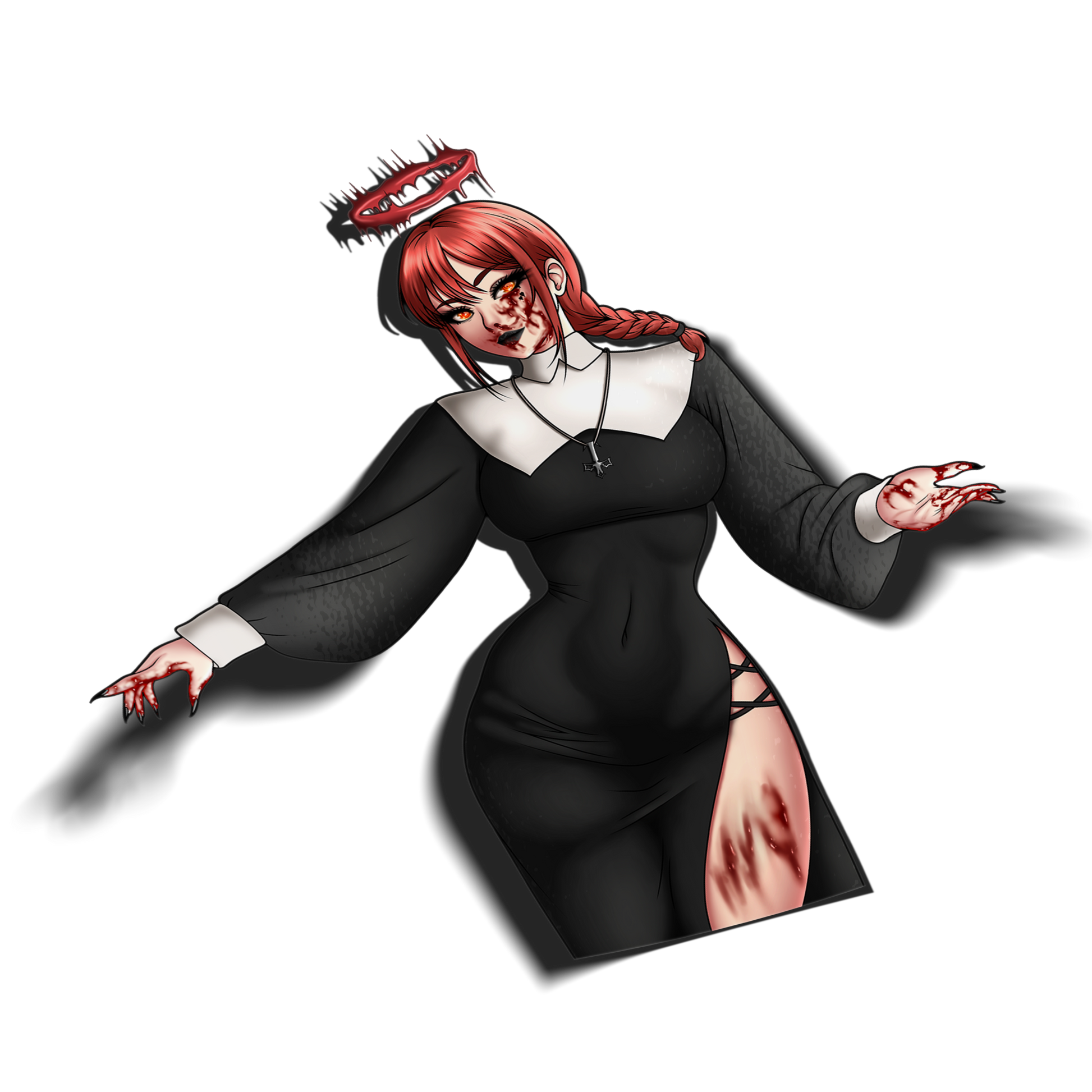 anime sticker of a bloodied makima from chainsaw man csm wearing a nun outfit, transparent