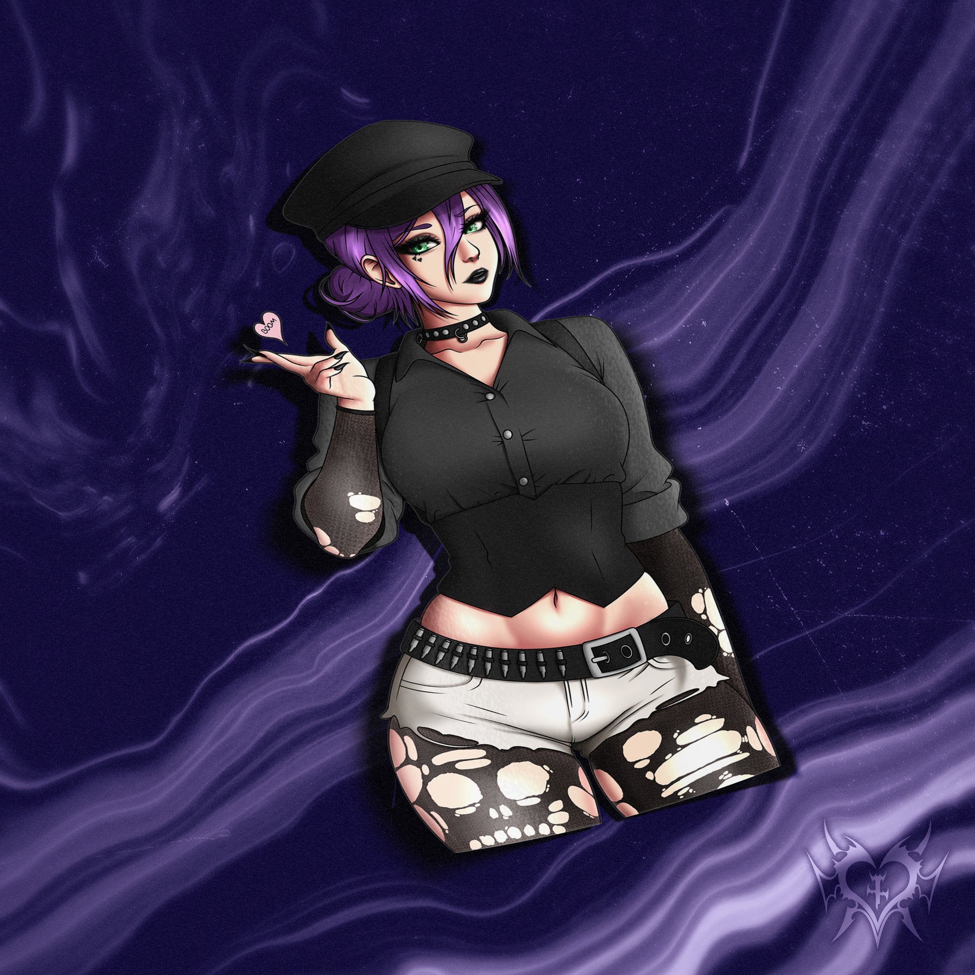 Goth Reze anime sticker from Chainsaw Man, dressed in black alt fashion with fishnet sleeves, choker, and distressed shorts, glossy Oracal vinyl with UV and water resistance, premium otaku merch and Japanese anime decal for laptops, water bottles, cars, and more.