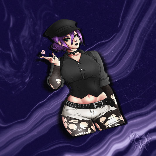 Goth Reze anime sticker from Chainsaw Man, dressed in black alt fashion with fishnet sleeves, choker, and distressed shorts, glossy Oracal vinyl with UV and water resistance, premium otaku merch and Japanese anime decal for laptops, water bottles, cars, and more.