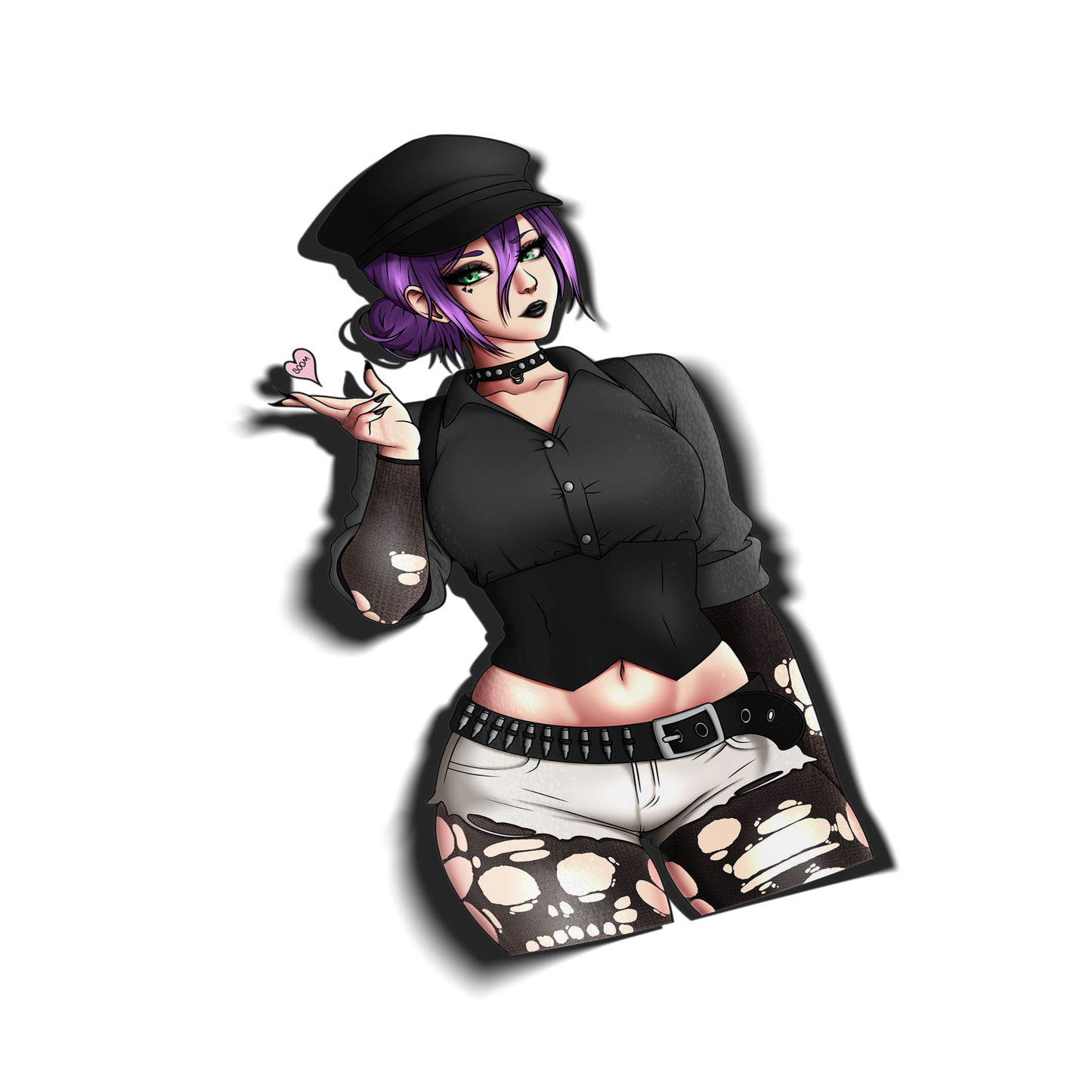 Glossy Oracal vinyl anime sticker featuring Reze from Chainsaw Man in a goth streetwear outfit with purple hair, black cap, choker, and ripped skull tights, kiss-cut with transfer paper, UV and water resistant otaku merch, perfect Japanese anime decal for laptops, bottles, cars, phones, and collectors.