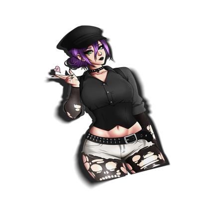 Glossy Oracal vinyl anime sticker featuring Reze from Chainsaw Man in a goth streetwear outfit with purple hair, black cap, choker, and ripped skull tights, kiss-cut with transfer paper, UV and water resistant otaku merch, perfect Japanese anime decal for laptops, bottles, cars, phones, and collectors.