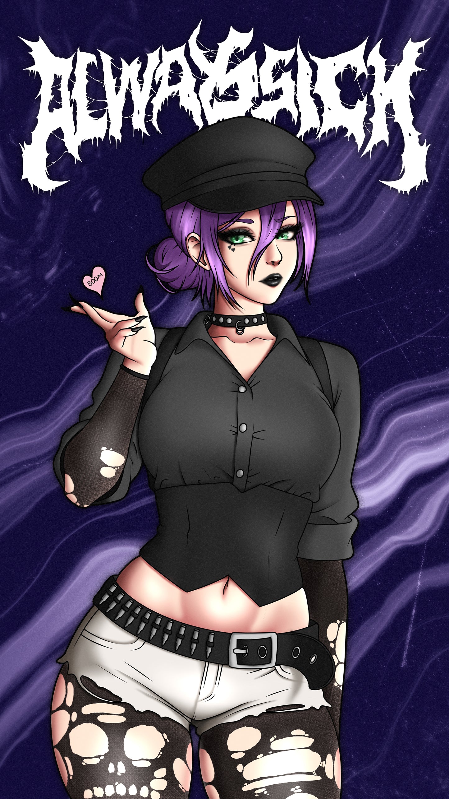 Chainsaw Man Reze goth wallpaper with dark purple background, alt fashion aesthetic featuring purple hair, choker, and black outfit, perfect otaku wallpaper for mobile devices and anime fans.