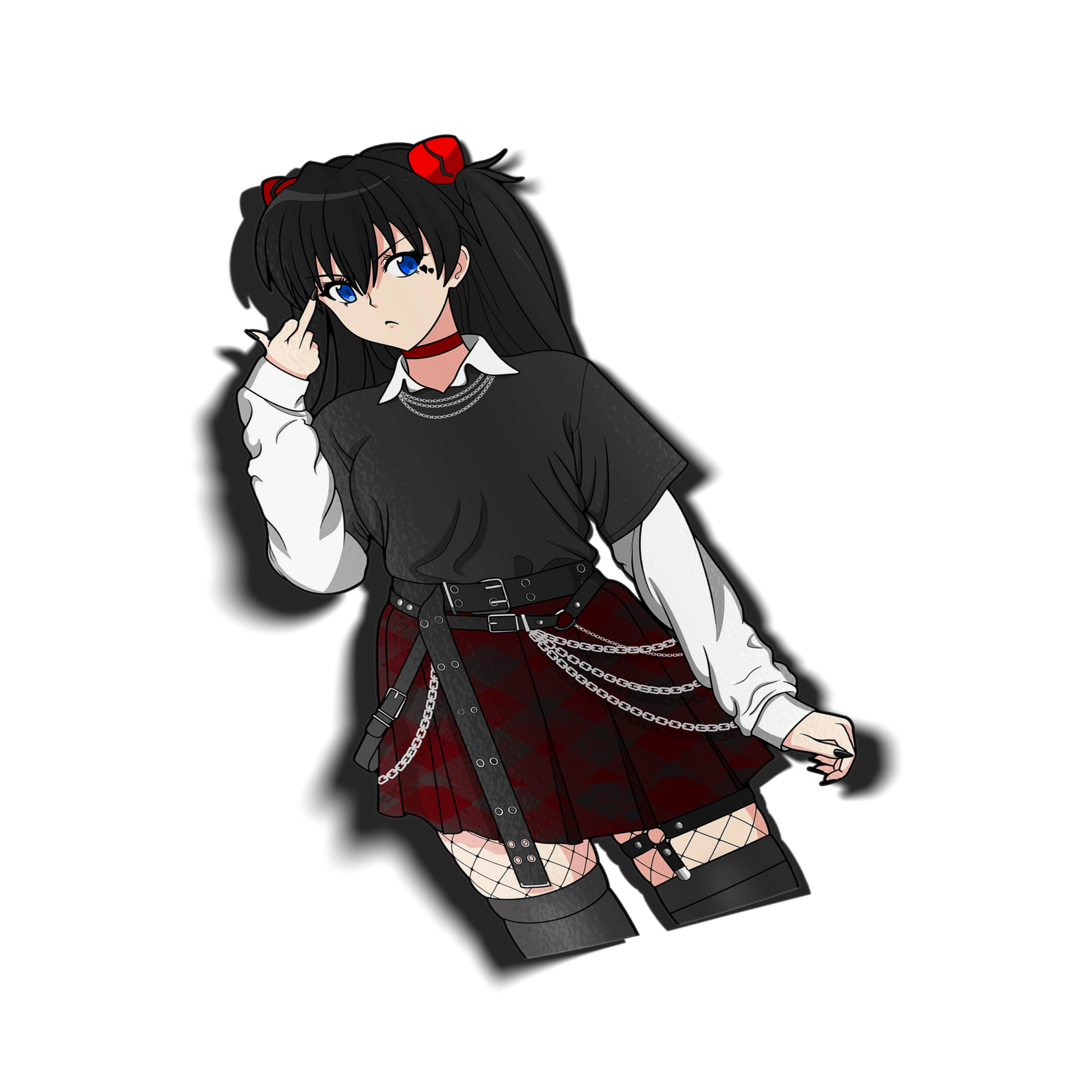 Transparent anime sticker render of Asuka Langley Soryu in a gothic e-girl outfit, featuring a white border and drop shadow for high-quality vinyl decal visualization.