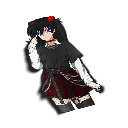 Transparent anime sticker render of Asuka Langley Soryu in a gothic e-girl outfit, featuring a white border and drop shadow for high-quality vinyl decal visualization.