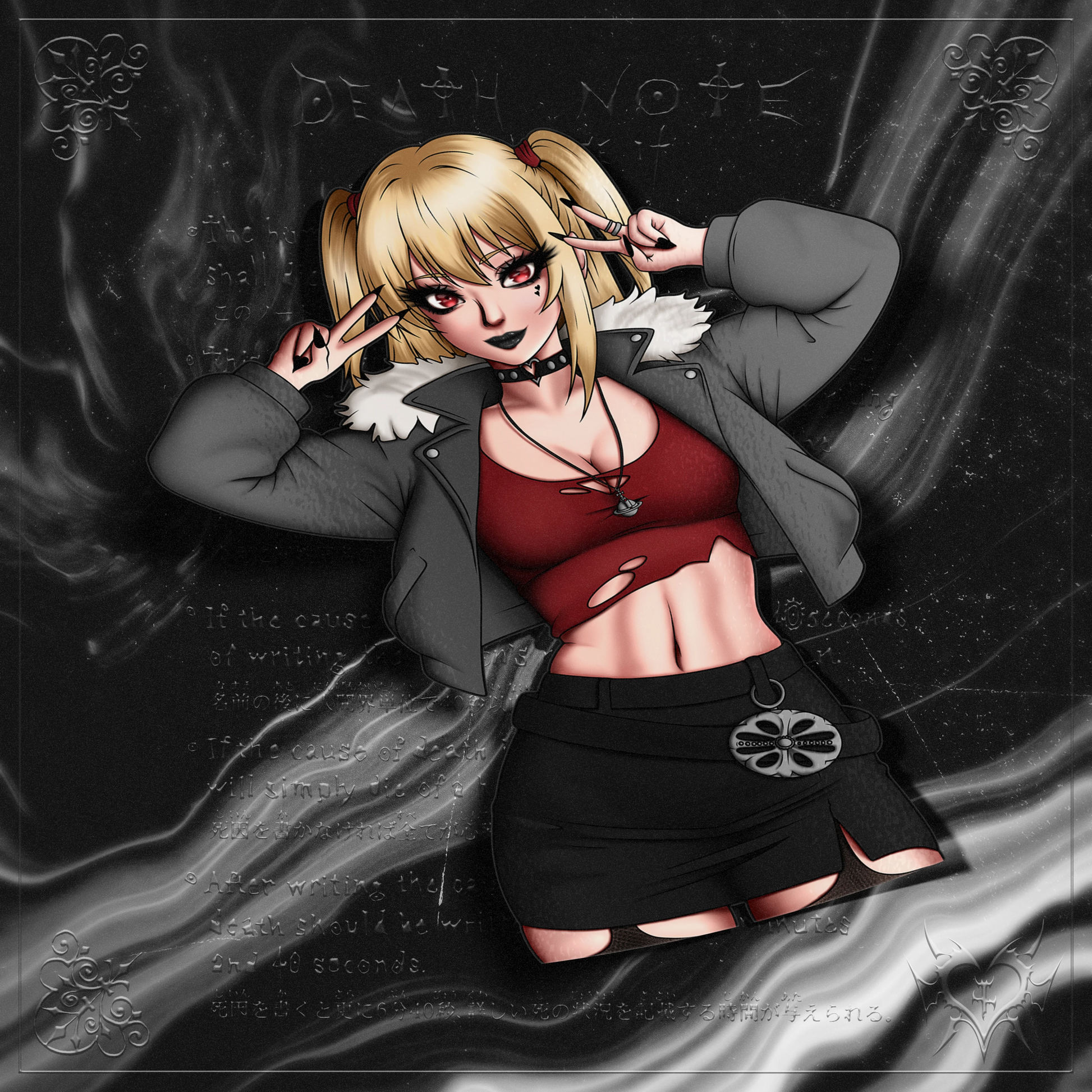 Misa Amane kiss-cut vinyl sticker on transparent background, goth outfit with red crop top and grey fur-collar jacket, Death Note.
