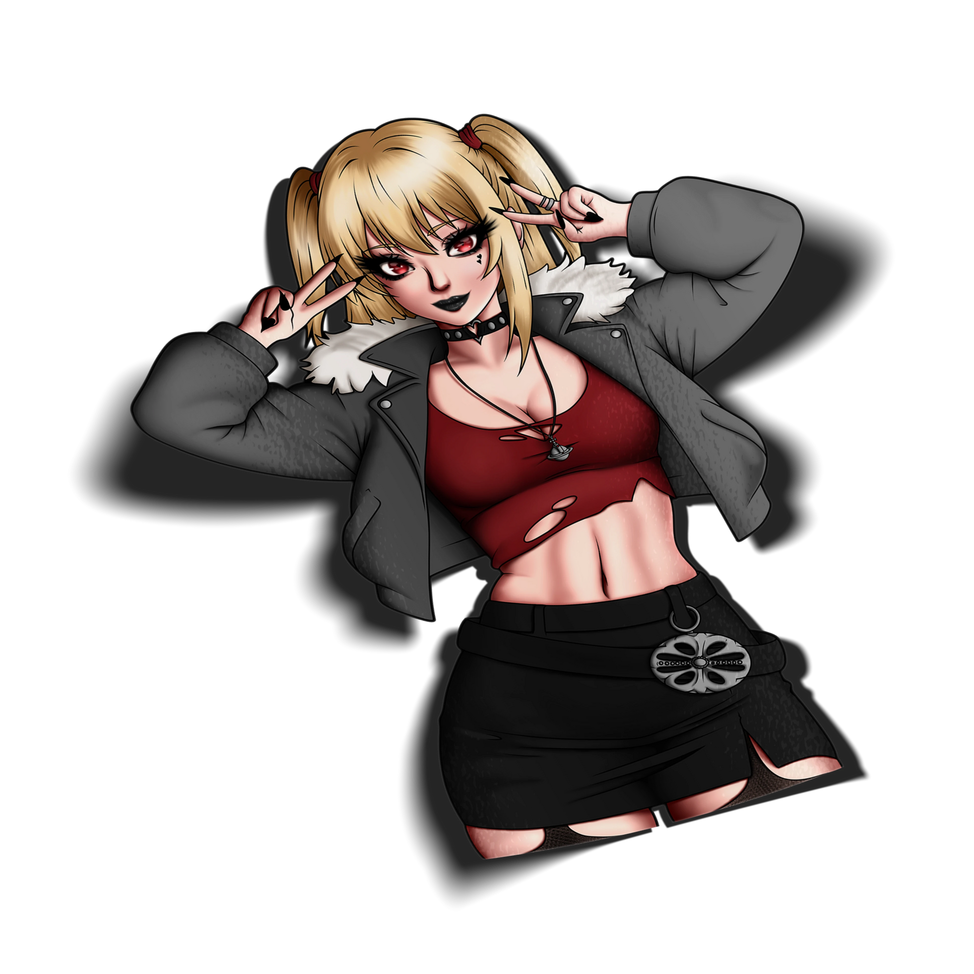 Misa Amane kiss-cut anime sticker, goth alt outfit with blonde twintails, red eyes, black lipstick and spiked choker, Death Note fan art.