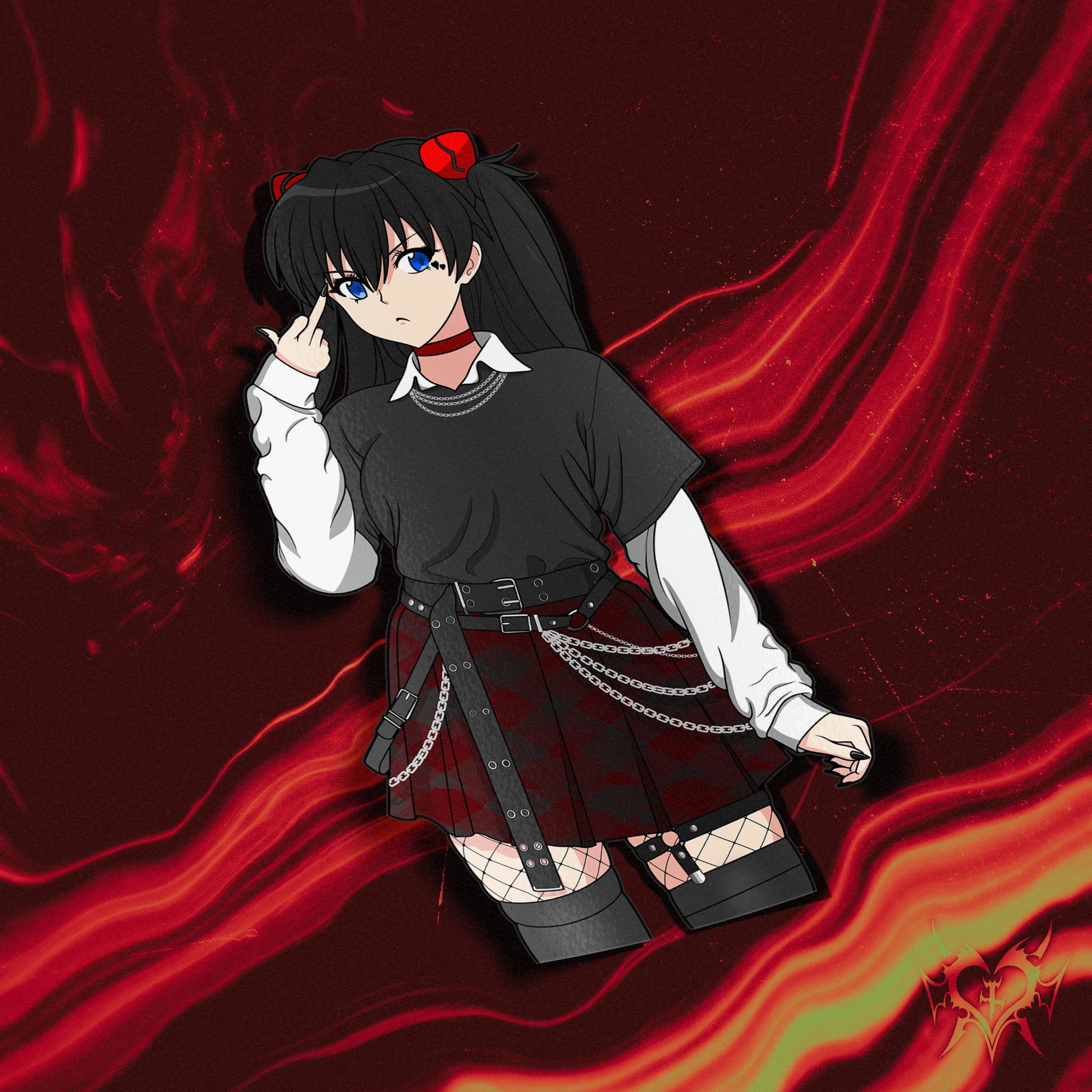Goth Asuka Langley kiss-cut anime sticker on red fire store background, flipping the bird, goth alt outfit with chains and fishnet tights, Always Sick original Neon Genesis Evangelion design.