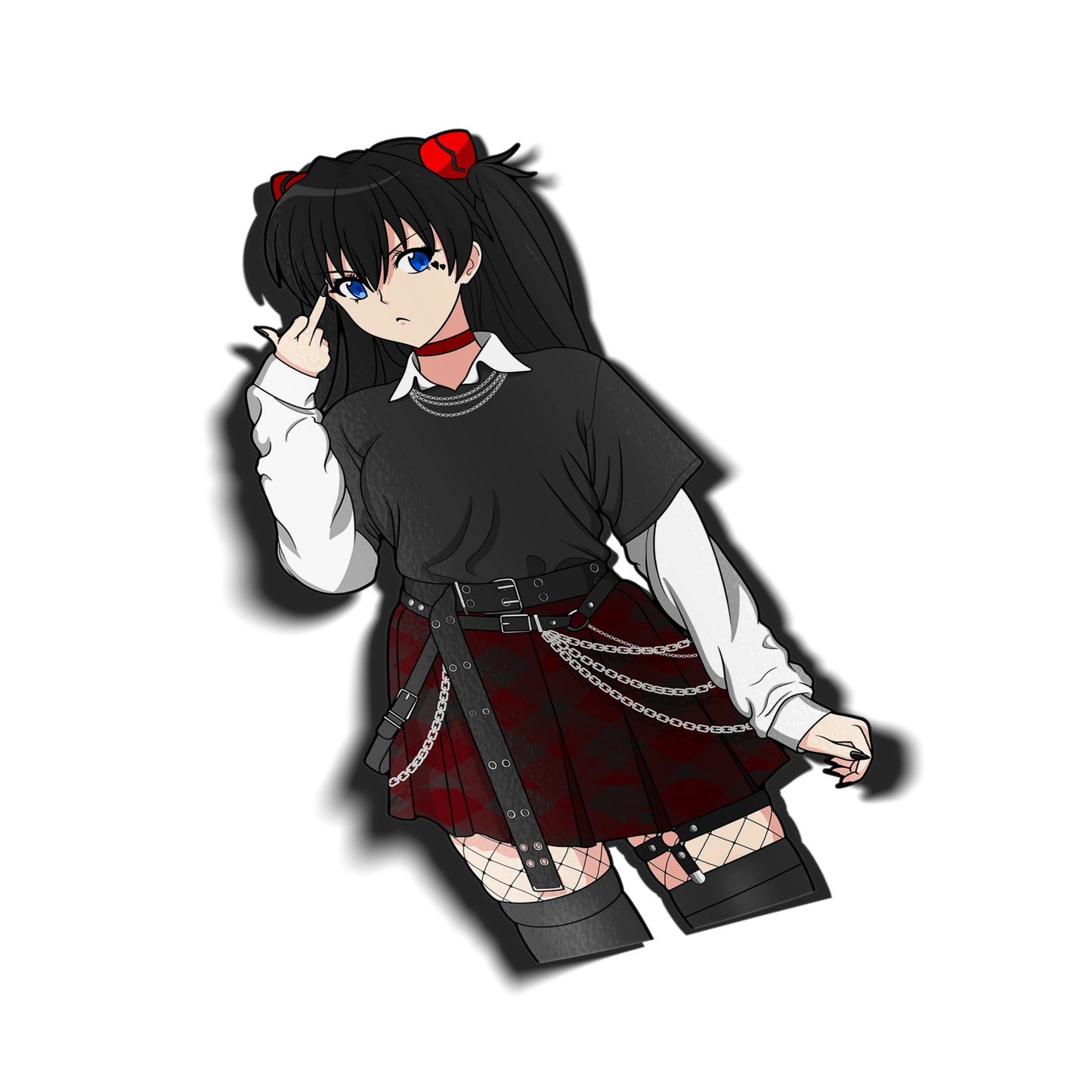 Goth Asuka Langley kiss-cut vinyl sticker on transparent background, goth alt outfit with black hair, red plaid mini skirt with chains and fishnets, Neon Genesis Evangelion fan art.
