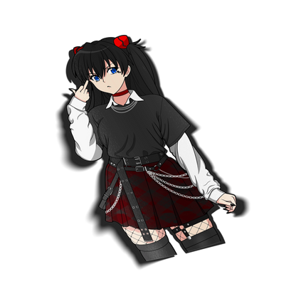Goth Asuka Langley kiss-cut vinyl sticker on transparent background, goth alt outfit with black hair, red plaid mini skirt with chains and fishnets, Neon Genesis Evangelion fan art.