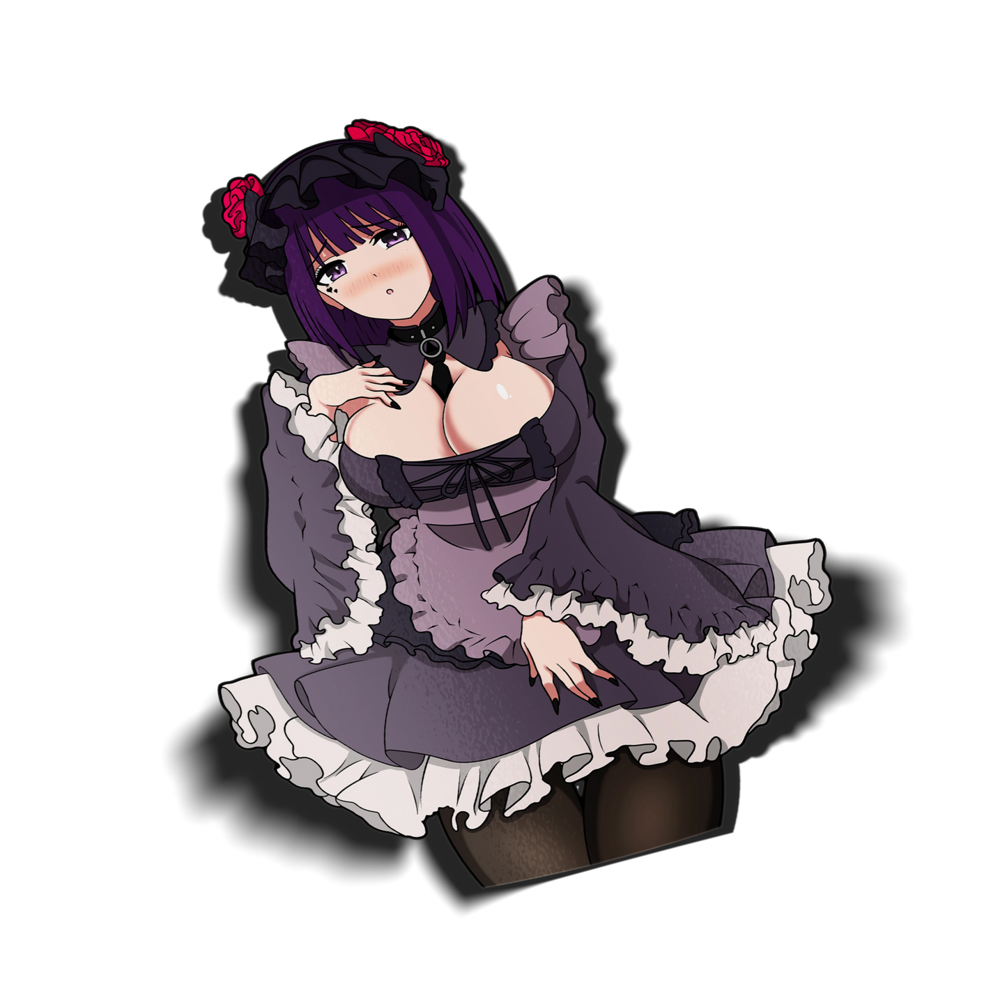 Shizuku-tan Marin Kitagawa kiss-cut vinyl sticker on transparent background, gothic lolita maid outfit with purple dress and white frills, My Dress-Up Darling fan art.