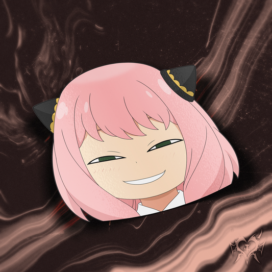 Smug Anya Forger kiss-cut anime sticker on dark brown smoke store background, mischievous grin with pink hair, Always Sick original Spy x Family design.