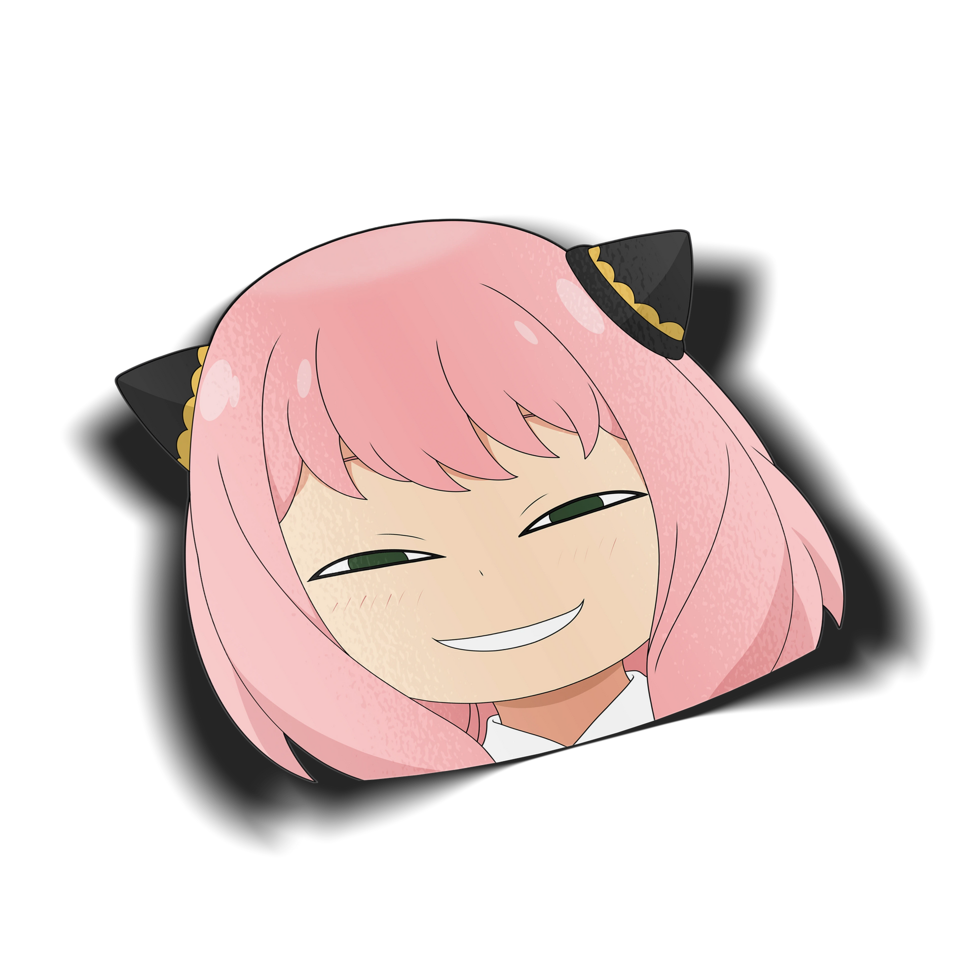 Smug Anya Forger kiss-cut vinyl sticker on transparent background, iconic meme face with pink bob hair and black cat ear headbands, Spy x Family fan art.