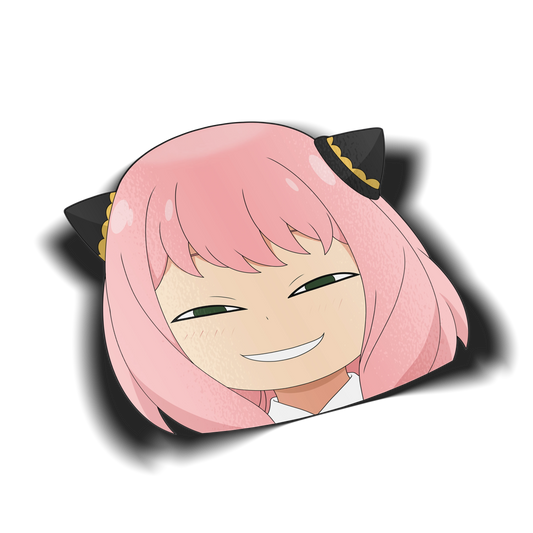Smug Anya Forger kiss-cut vinyl sticker on transparent background, iconic meme face with pink bob hair and black cat ear headbands, Spy x Family fan art.