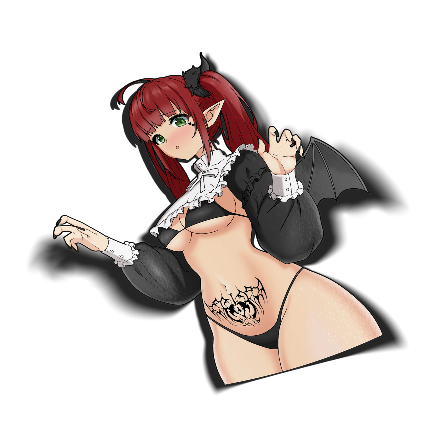 Succubus Marin Kitagawa kiss-cut vinyl sticker on transparent background, succubus cosplay with red twintails, pointy ears, bat wing and demonic tattoo, My Dress-Up Darling fan art.