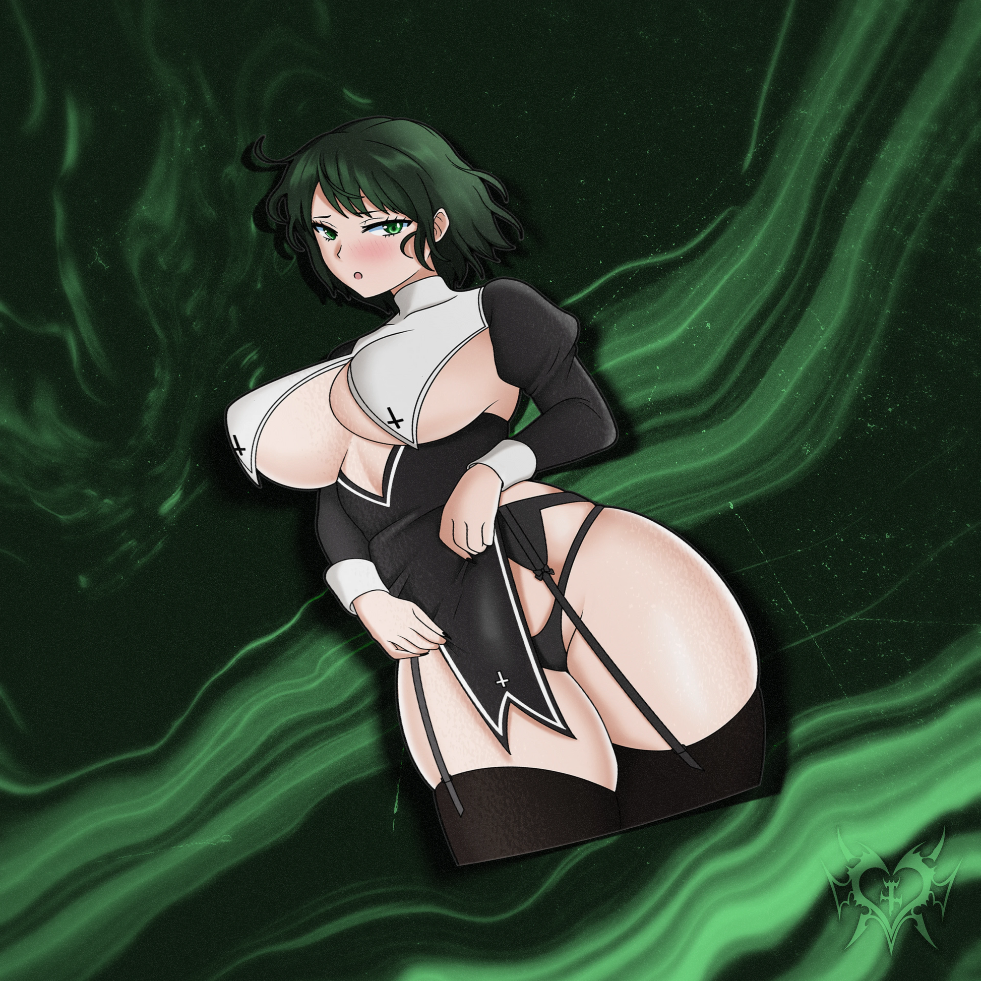 Nun Fubuki kiss-cut anime sticker on dark green smoke store background, gothic nun cosplay with cross details, Always Sick original One-Punch Man design.