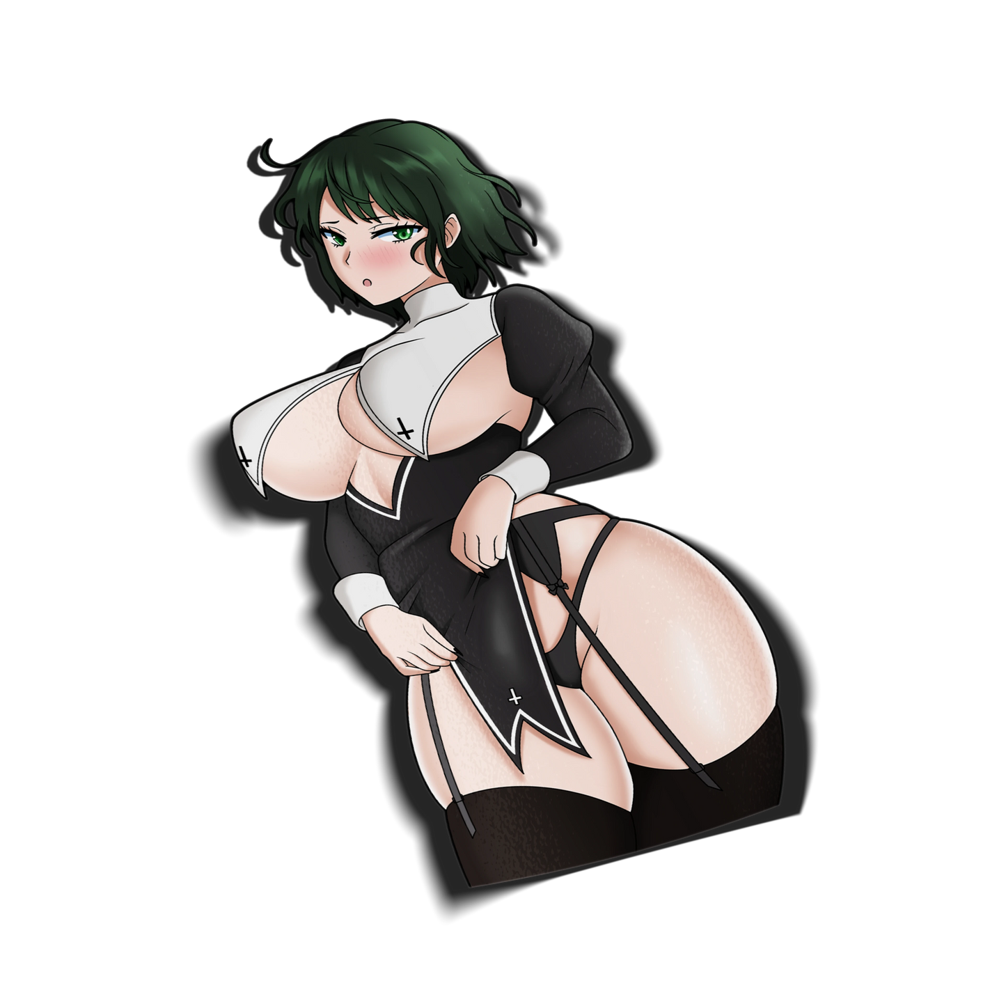 Nun Fubuki kiss-cut vinyl sticker on transparent background, gothic nun outfit with cross symbols, garter straps and black thigh-highs, One-Punch Man fan art.