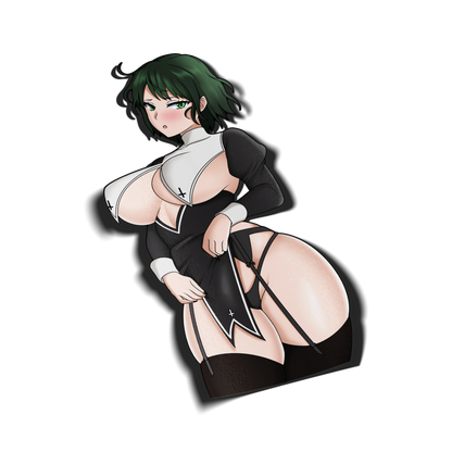 Nun Fubuki kiss-cut vinyl sticker on transparent background, gothic nun outfit with cross symbols, garter straps and black thigh-highs, One-Punch Man fan art.