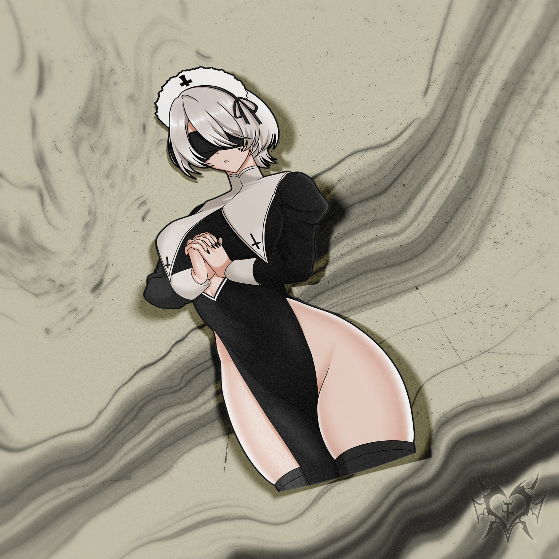 Nun 2B kiss-cut anime sticker on taupe grey smoke store background, gothic nun cosplay with cross details, Always Sick original NieR: Automata design.