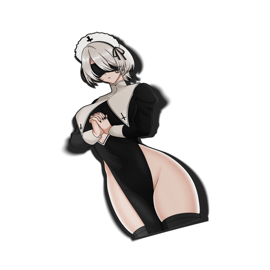 Nun 2B kiss-cut vinyl sticker on transparent background, white hair, black blindfold and nun outfit with cross details, praying hands pose, NieR: Automata fan art.