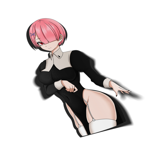 Nun Ram kiss-cut vinyl sticker on transparent background, pink bob hair with blue X clip, red eye, black nun dress with white garter straps, Re:Zero fan art.