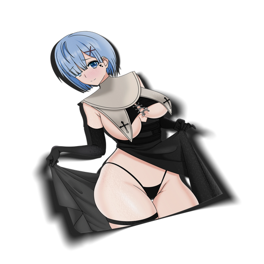 Nun Rem kiss-cut vinyl sticker on transparent background, light blue bob hair, blue eye, white wimple with cross lace detail, lifting skirt pose, Re:Zero fan art.